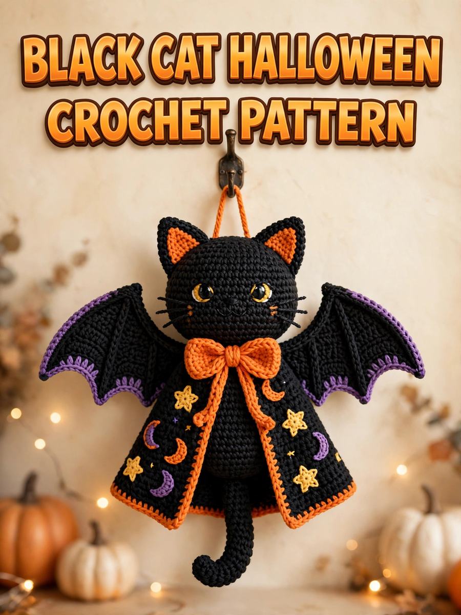 Black Cat Halloween Crochet Wall Hanging Pattern — digital download by JamSumStore