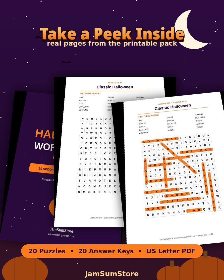 Halloween Word Search Puzzle Pack — 20 Printable Puzzles — view 2