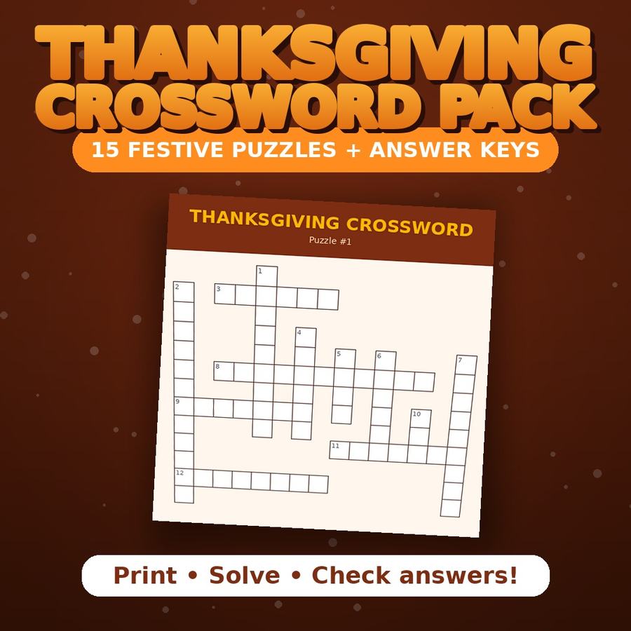 Thanksgiving Crossword Puzzle Pack — 15 Printable Puzzles — digital download by JamSumStore